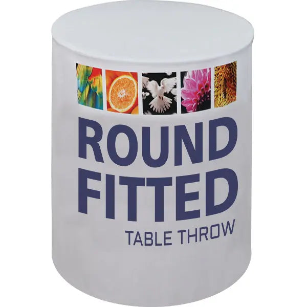 Throw Sample Display Round Fitted Table Throws in 4 Diameters with Custom Dye Sub Printing ...