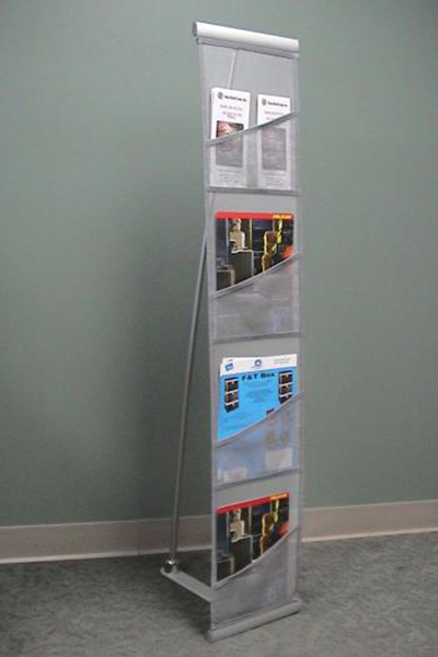 Orbus Reveal Pro literature stand rolls-up into bag, silver durable fabric