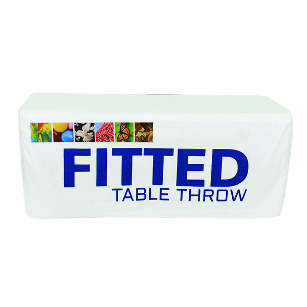 6ft,8ft standard fitted table throw with custom dye-sub full color graphics